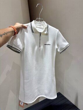 Miu Miu White Polo Zip Crop Top with Black Trim